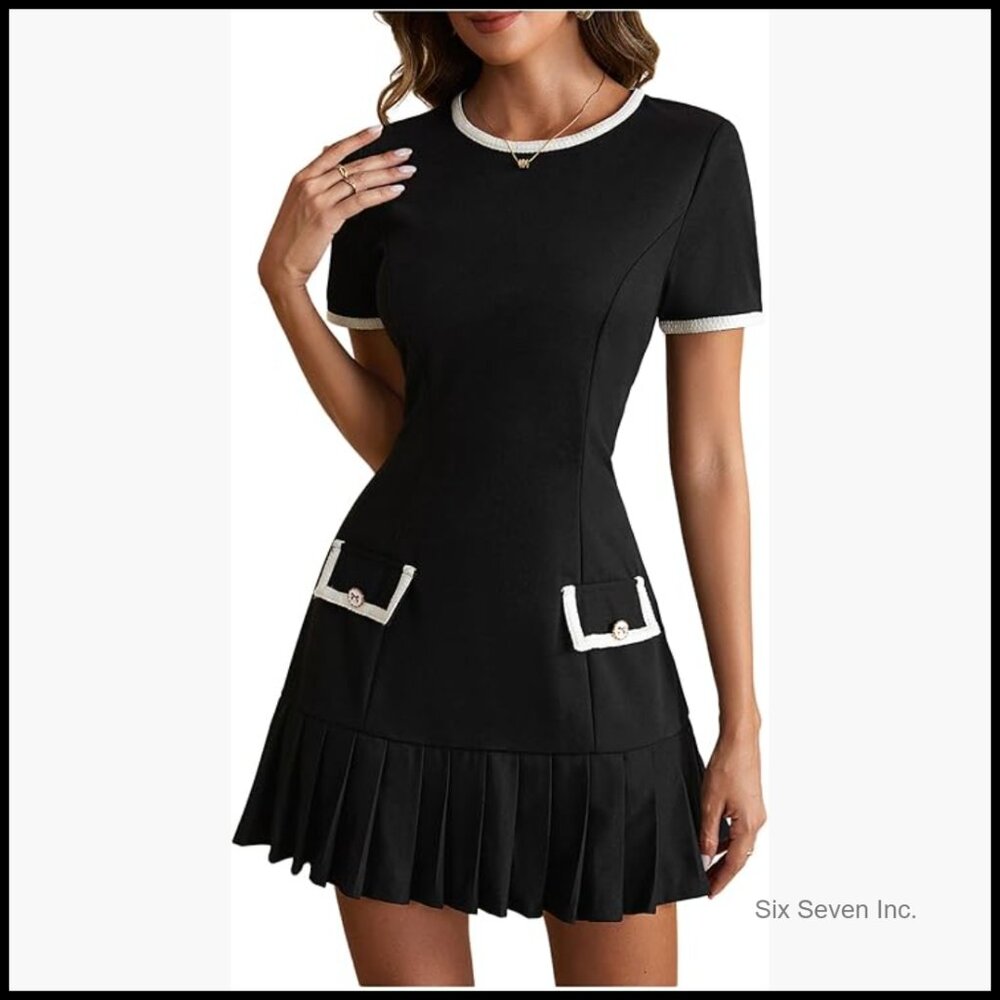 Pleated Mini Dress With Crew Neck Short Sleeve Work Office Polyester